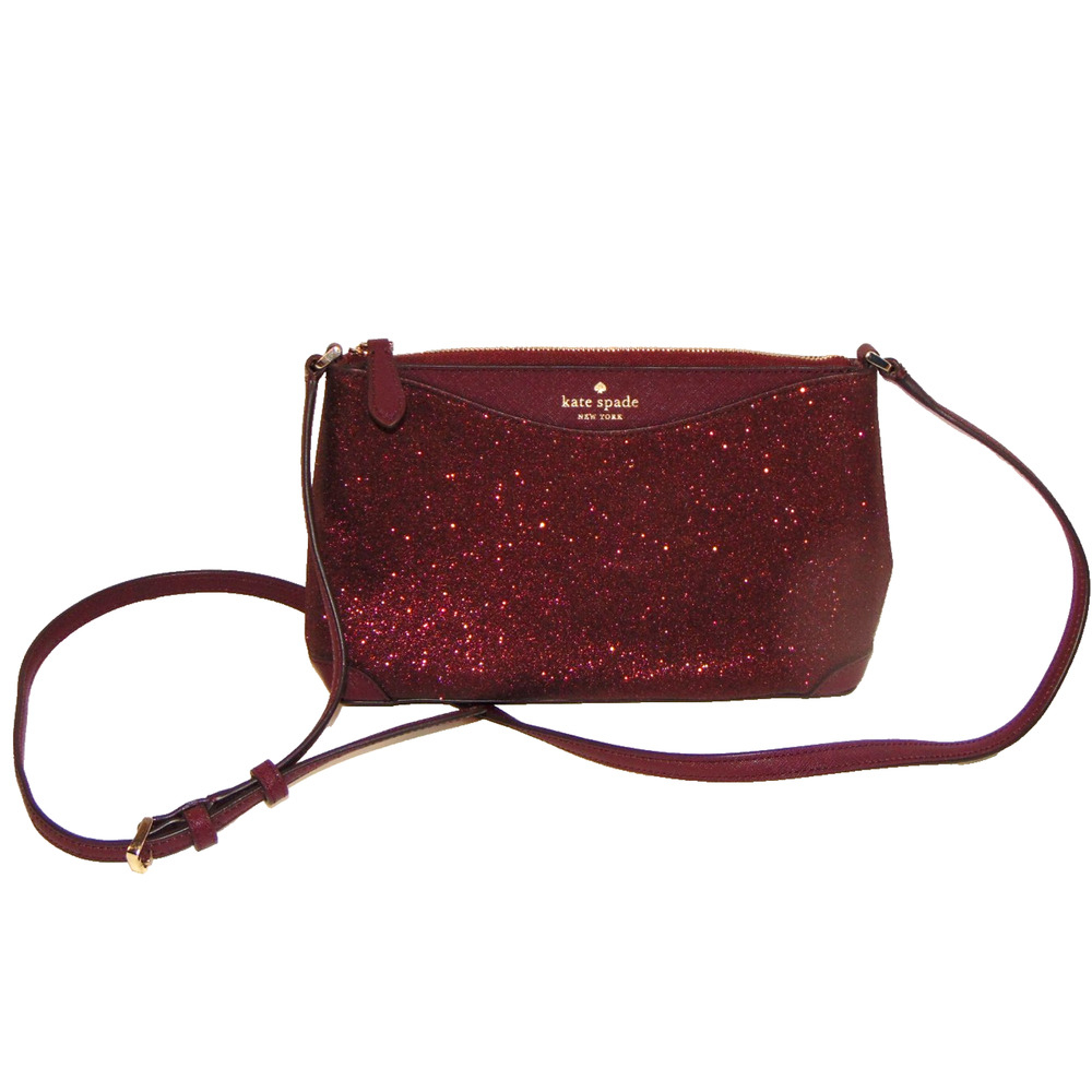 Kate Spade New York Tinsel Glitter Crossbody Bag Burgundy Wine Zip Gold Hardware - Picture 2 of 15